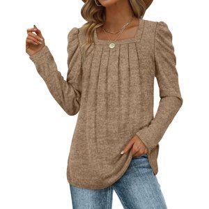 Womens Lightweight Puff Sleeve Pleated Square Neck Tunic Sweaters Shirts